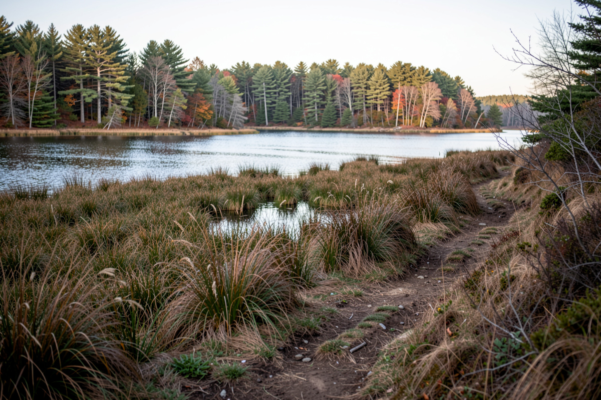Lối đi ven bờ ao trong khu rừng phía bắc New England, ánh sáng ban mai chiếu qua cỏ nước, khung hình ngang từ bờ đất khô nhìn ra vùng nước mở.